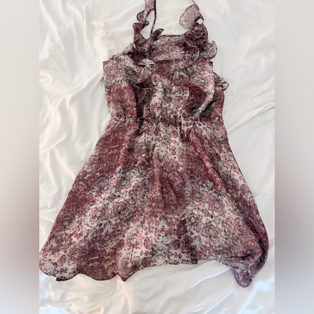BCBGeneration Burgundy and White Paisley Mini Halter Dress w/ruffles size small